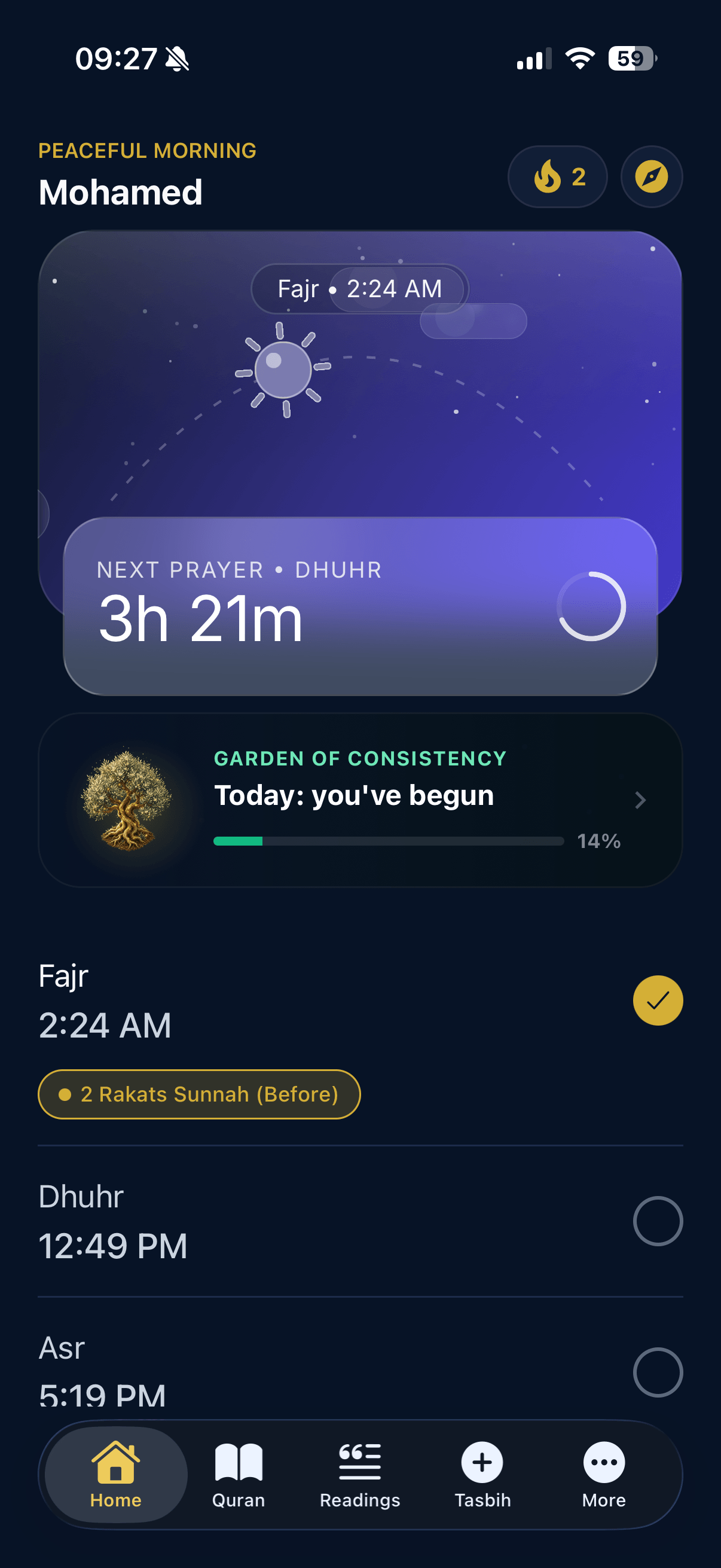Thabat prayer times home screen